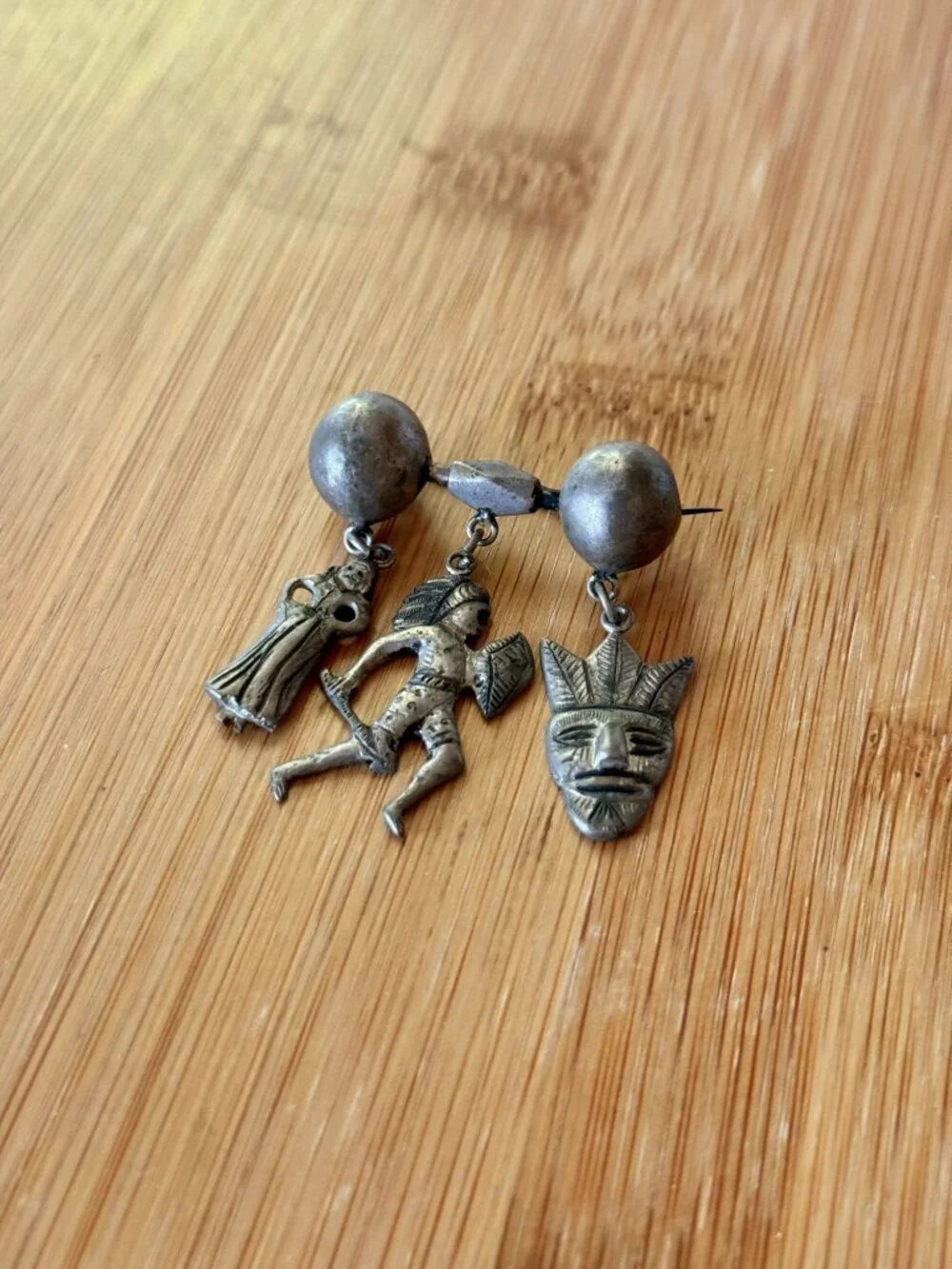 Antique Early Century 800 Silver Pin with Native American And Tribal Mask Motif